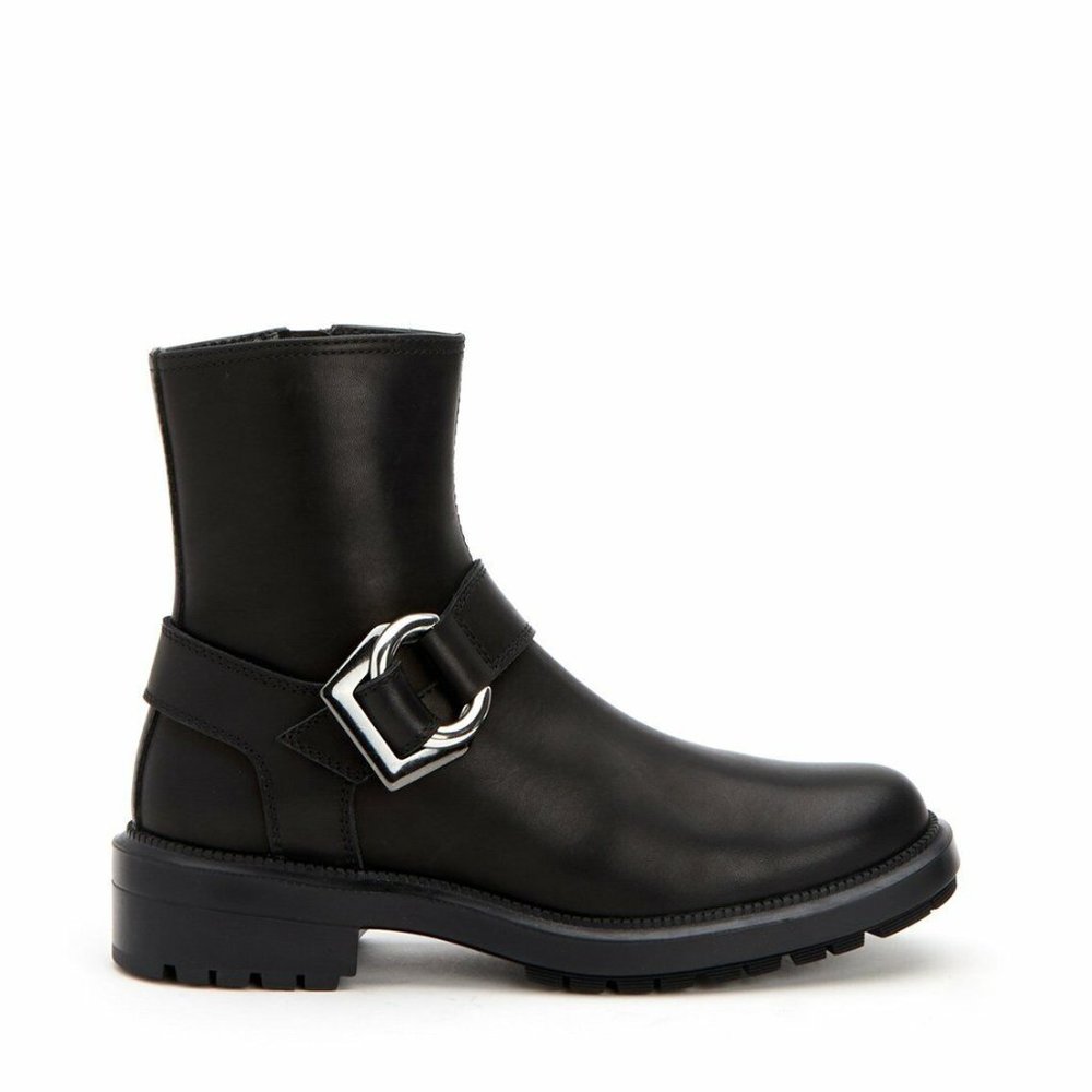 $575 AQUATALIA LEXIE MOTO HIKER LEATHER SILVER BUCKLE Boot BLACK 5.5 (JB20)